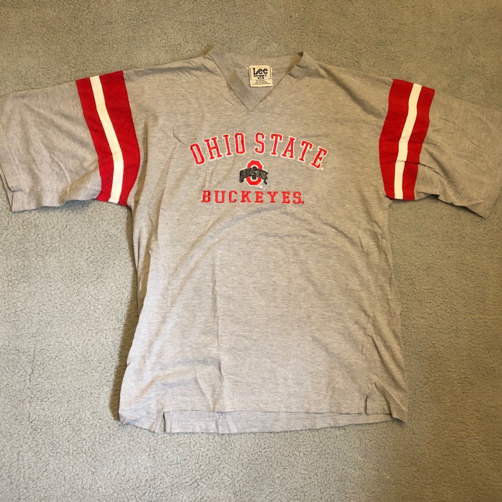 Vintage Lee‎ Sport Ohio State Buckeyes Shirt Gray V-Neck Striped Sleeve Mens 2XL